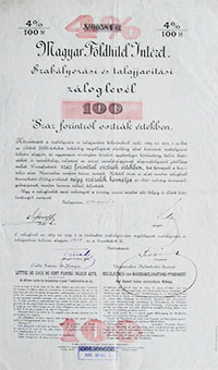 Magyar Fldhitel Intzet szablyozsi s talajjavtsi zloglevl 100 forint 1890