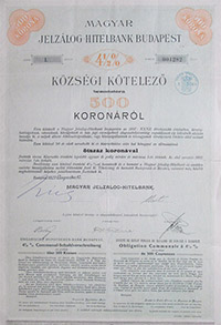 Magyar Jelzlog-Hitelbank kzsgi ktelez 500 korona 1909