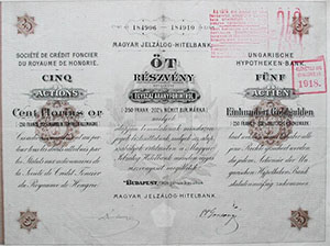Magyar Jelzlog-Hitelbank rszvny 5x100 aranyforint 1901