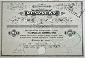 Magyar Kereskedelmi Hitelbank Rszvnytrsasg rszvny 200 korona 1917