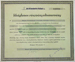 Magyar Kereskedelmi Hitelbank - Schopper J. G.  Rszvnytrsasg ideiglenes rszvnyelismervny 50 peng 1945