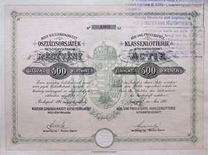 Magyar Kirlyi Szabadalmazott Osztlysorsjtk  Rszvnytrsasg rszvny 500 korona 1897