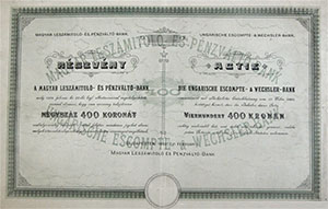 Magyar Leszmtol- s Pnzvltbank rszvny 400 korona 1892