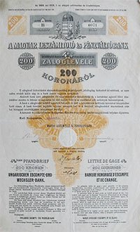 Magyar Leszmtol- s Pnzvltbank zloglevl 200 korona 1905