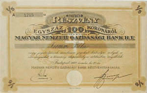 Magyar Nemzeti Gazdasgi Bank Rszvnytrsasg rszvny 100 korona 1920