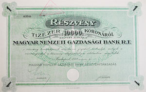 Magyar Nemzeti Gazdasgi Bank Rszvnytrsasg rszvny 10000 korona 1924