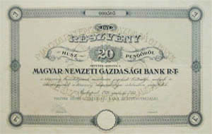 Magyar Nemzeti Gazdasgi Bank Rszvnytrsasg rszvny 20 peng 1926