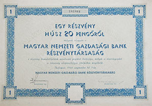 Magyar Nemzeti Gazdasgi Bank Rszvnytrsasg rszvny 20 peng 1944