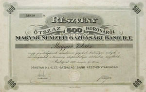 Magyar Nemzeti Gazdasgi Bank Rszvnytrsasg rszvny 500 korona 1920