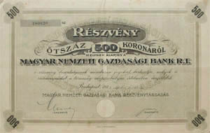 Magyar Nemzeti Gazdasgi Bank Rszvnytrsasg rszvny 500 korona 1923