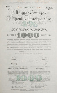 Magyar Orszgos Kzponti Takarkpnztr zloglevl 1000 korona 1905