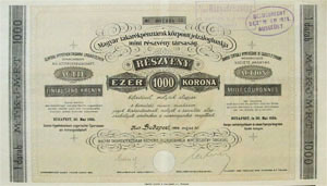 Magyar Takarkpnztrak Kzponti Jelzlogbankja rszvny 1000 korona 1924