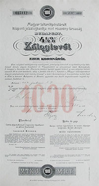 Magyar Takarkpnztrak Kzponti Jelzlogbankja zloglevl 1000 korona 1907