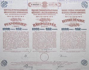 Magyar Takarkpnztrak Kzponti Jelzlogbankja zloglevl 1000 frank 1911