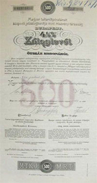 Magyar Takarkpnztrak Kzponti Jelzlogbankja zloglevl 500 korona 1920