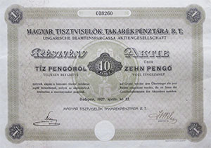 Magyar Tisztviselk Takarkpnztra Rszvnytrsasg rszvny 10 peng 1927
