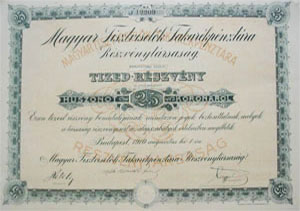 Magyar Tisztviselk Takarkpnztra Rszvnytrsasg rszvny 25 korona 1910