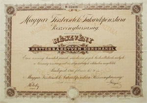 Magyar Tisztviselk Takarkpnztra Rszvnytrsasg rszvny 250 korona 1911