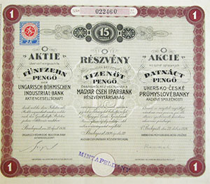 Magyar-Cseh Iparbank Rszvnytrsasg rszvny 15 peng 1926