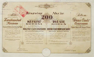 Magyar-Cseh Iparbank Rszvnytrsasg rszvny 200 korona 1916