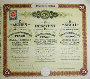 Magyar-Cseh Iparbank Rszvnytrsasg rszvny 25x15 375 peng 1926