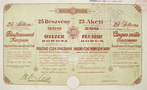 Magyar-Cseh Iparbank Rszvnytrsasg rszvny 25x200 korona 1921