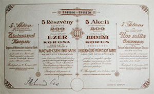 Magyar-Cseh Iparbank Rszvnytrsasg rszvny 5x20 1000 korona 1924