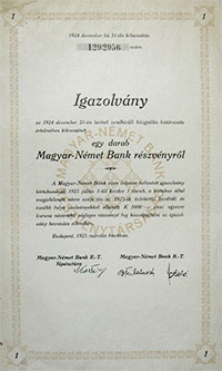 Magyar-Nmet Bank Rszvnytrsasg rszvny igazolvny 1000 korona 1925