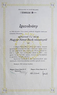 Magyar-Nmet Bank Rszvnytrsasg 1/3 rszvny igazolvny 1925