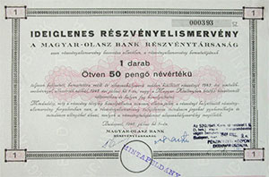 Magyar-Olasz Bank Rszvnytrsasg ideiglenes rszvnyelismervny 50 peng 1946