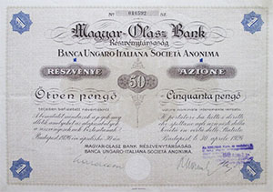 Magyar-Olasz Bank Rszvnytrsasg rszvny 50 peng 1926