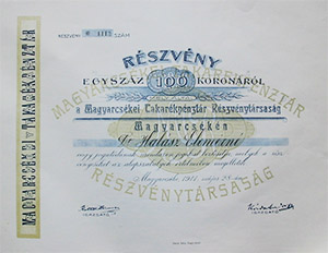 Magyarcskei Takarkpnztr Rszvnytrsasg rszvny 100 korona 1911