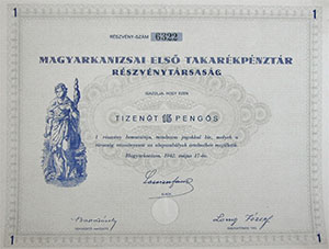 Magyarkanizsai Els Takarkpnztr Rszvnytrsasg rszvny 15 peng 1942
