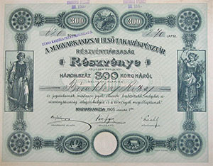 Magyarkanizsai Els Takarkpnztr Rszvnytrsasg rszvny 300 korona 1905