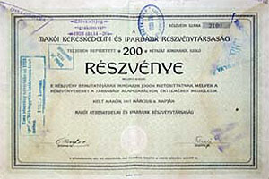 Maki Kereskedelmi s Iparbank Rszvnytrsasg rszvny 200 korona 1917