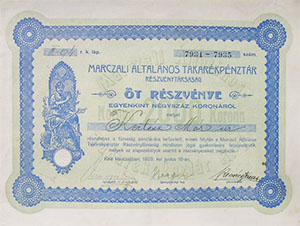 Marcali ltalnos Takarkpnztr Rszvnytrsasg rszvny 5x400 korona 1923