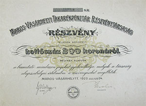 Marosvsrhelyi Takarkpnztr Rszvnytrsasg rszvny 200 korona 1920