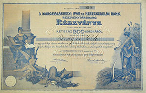 Marosvsrhelyi Ipar s Kereskedelmi Bank Rszvnytrsasg rszvny 200 korona 1910