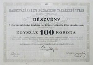 Marosvsrhelyi Kzhaszn Takarkpnztr Rszvnytrsasg rszvny 100 korona 1909