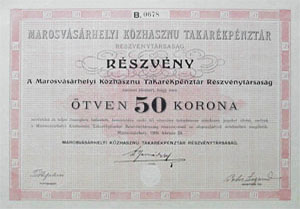 Marosvsrhelyi Kzhaszn Takarkpnztr Rszvnytrsasg rszvny 50 korona 1909