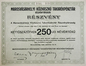 Marosvsrhelyi Kzhaszn Takarkpnztr Rszvnytrsasg rszvny 250 lei 1920