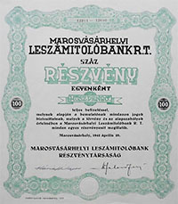 Marosvsrhelyi Leszmitolbank Rszvnytrsasg rszvny 100x20 peng 1942