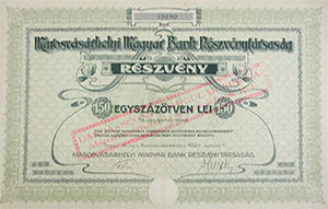 Marosvsrhelyi Magyar Bank Rszvnytrsasg rszvny 150 lei 1921