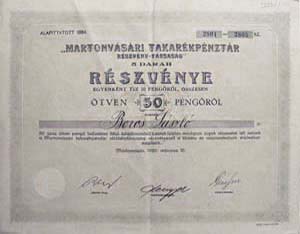 Martonvsri Takarkpnztr Rszvnytrsasg rszvny 5x10 50 peng 1926