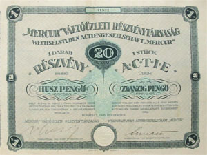Mercur Vltzleti Rszvnytrsasg rszvny 20 peng 1926