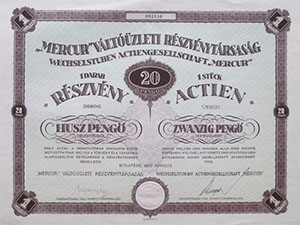 Mercur Vltzleti Rszvnytrsasg rszvny 20 peng 1937