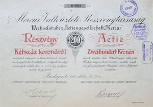 Mercur Vltzleti Rszvnytrsasg rszvny 200 korona 1917
