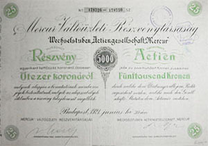 Mercur Vltzleti Rszvnytrsasg rszvny 25x200 5000 korona 1921