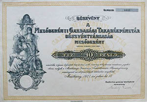 Mezbernyi Gazdasgi Takarkpnztr Rszvnytrsasg rszvny 10 peng 1927
