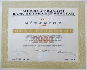 Mezgazdasgi Bank s Takarkpnztr Rszvnytrsasg rszvny 2000 peng 1942 Kolozsvr